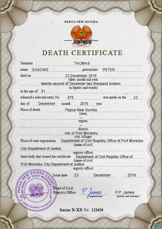 Download Papua New Guinea death certificate PSD template Photoshop template